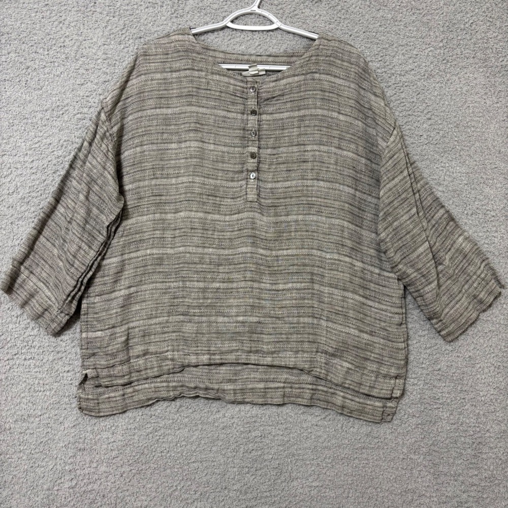 Pure Jill Linen Striped Henley Tunic Top Relaxed Fit Neutral Breathable Summer L